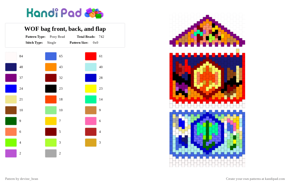 WOF bag front, back, and flap - Pony Bead Pattern by devine_bean on Kandi Pad - colorful, orange, purple, yellow