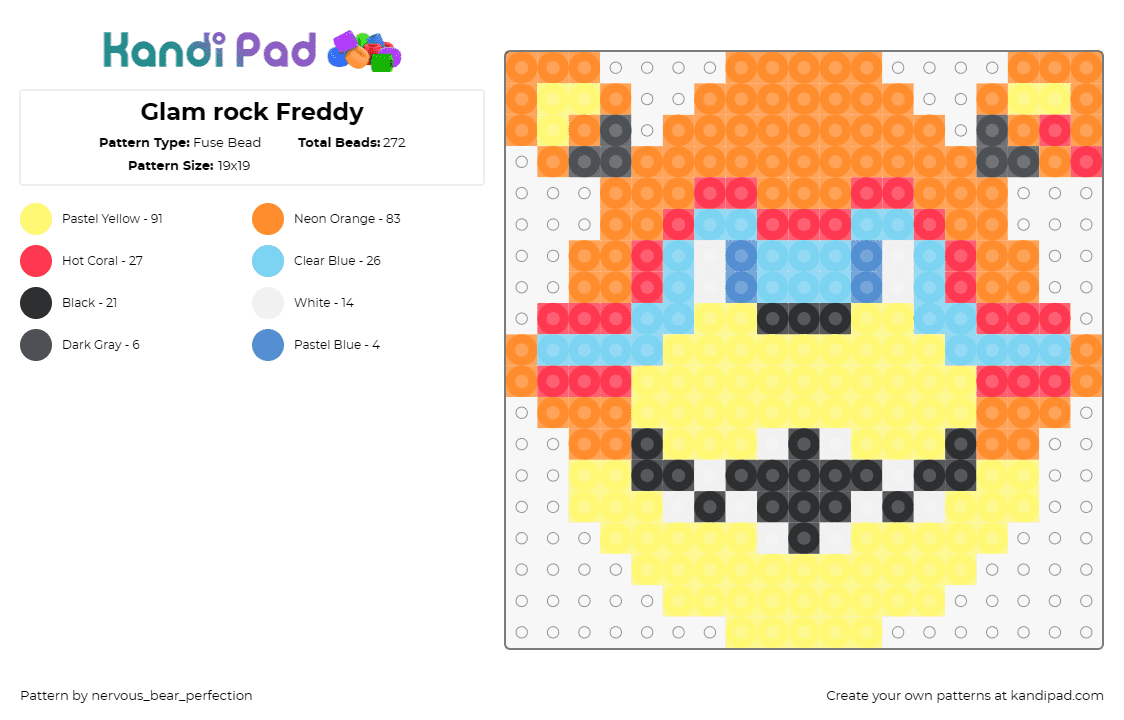 Glam rock Freddy - Fuse Bead Pattern by nervous_bear_perfection on Kandi Pad - freddy fazbear,glamrock,fnaf,five nights at freddys,video game,character,horror,