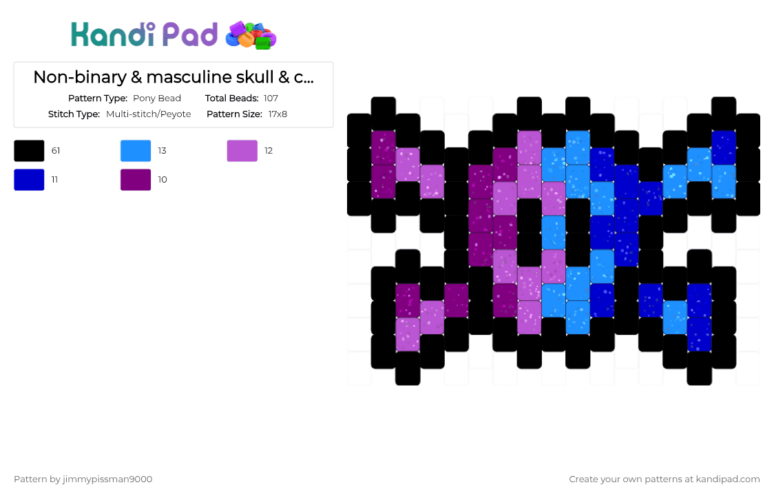 Non-binary & masculine skull & cross bones - Pony Bead Pattern by jimmypissman9000 on Kandi Pad - black,pink