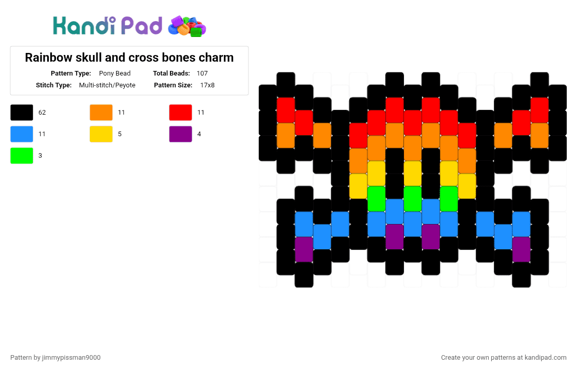 Rainbow skull and cross bones charm - Pony Bead Pattern by jimmypissman9000 on Kandi Pad - black,orange,red,light blue