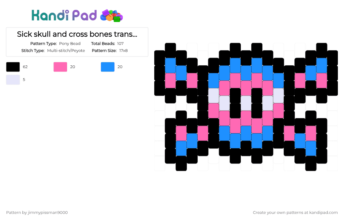 Sick skull and cross bones trans flag charm for a friend :] - Pony Bead Pattern by jimmypissman9000 on Kandi Pad - black,pink,light blue