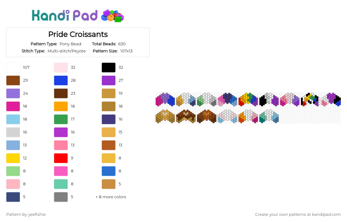 Pride Croissants - Pony Bead Pattern by yeefishie on Kandi Pad - colorful, croissant, flag, food, lgbtqia, orange, pink, pride, pride month, purple, queer, rainbow