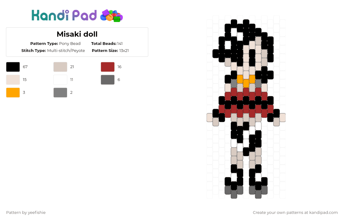 Misaki doll - Pony Bead Pattern by yeefishie on Kandi Pad - black,beige,red,killer chat,character,doll,game,2d,misaki
