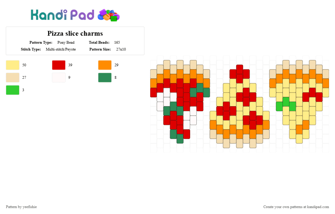 Pizza slice charms - Pony Bead Pattern by yeefishie on Kandi Pad - red,yellow,orange,pizza,charm,food,slice,pizza slice,snack,pepperoni pizza