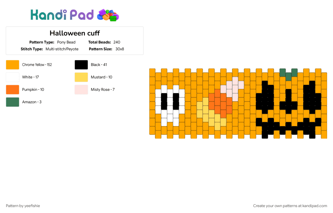 Halloween cuff - Pony Bead Pattern by yeefishie on Kandi Pad - candy corn, cuff, halloween, holiday, orange, pumpkin, skeleton, skull, spooky