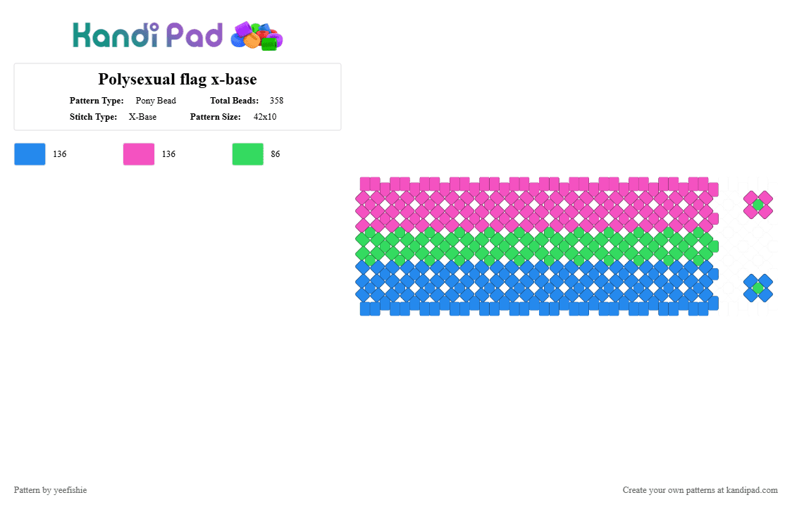 Polysexual flag x-base - Pony Bead Pattern by yeefishie on Kandi Pad - light blue,pink,pride,polysexual,polyromantic,poly,flag,cuff,xbase,lgbtqia