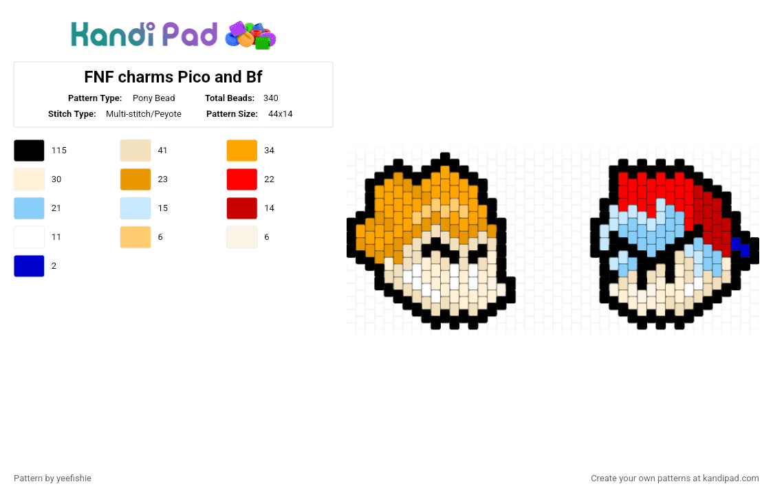 FNF charms Pico and Bf - Pony Bead Pattern by yeefishie on Kandi Pad - orange,red,light blue,beige,pico,bf,fnf,character,charm,friday night funkin,game,videogame