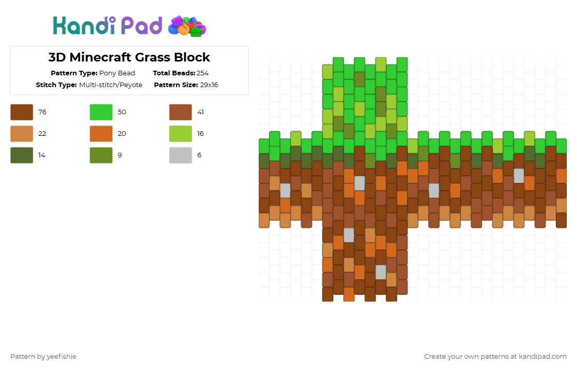 3D Minecraft Grass Block - Pony Bead Pattern by yeefishie on Kandi Pad - green,red,minecraft,grass,3d,block,videogame,cube