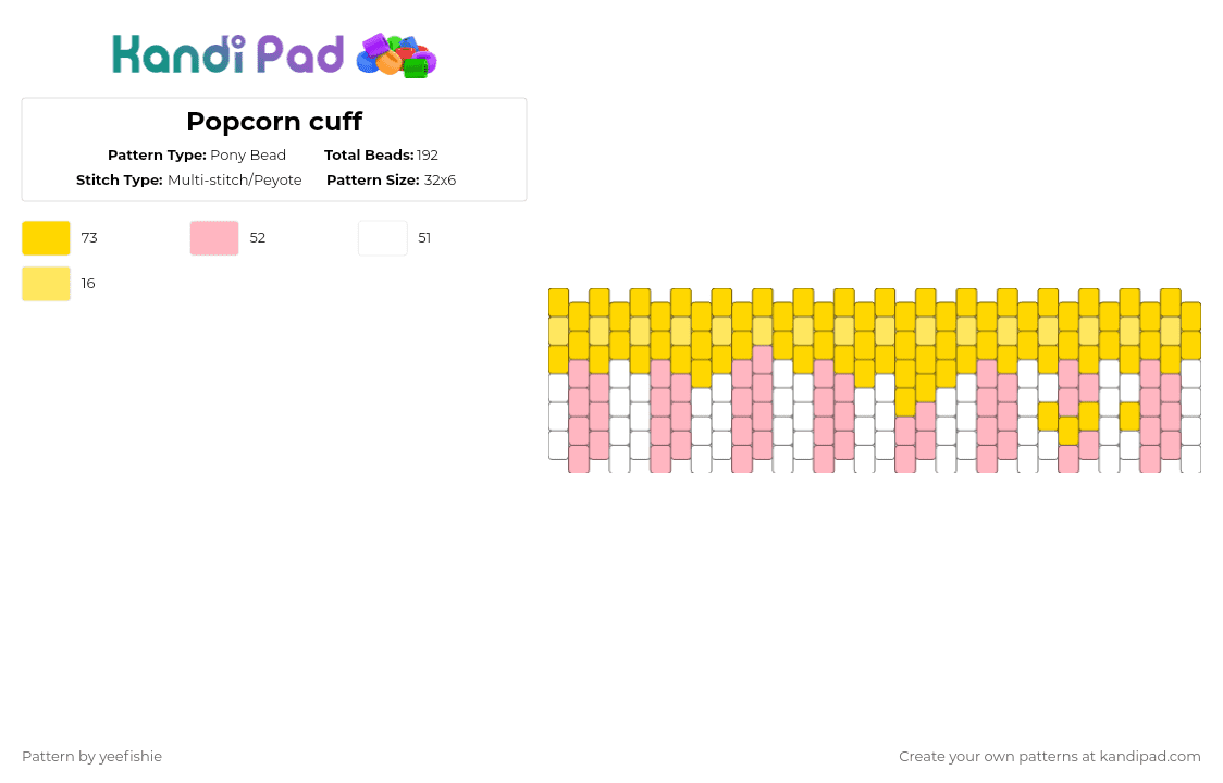 Popcorn cuff - Pony Bead Pattern by yeefishie on Kandi Pad - food,pink,yellow,popcorn