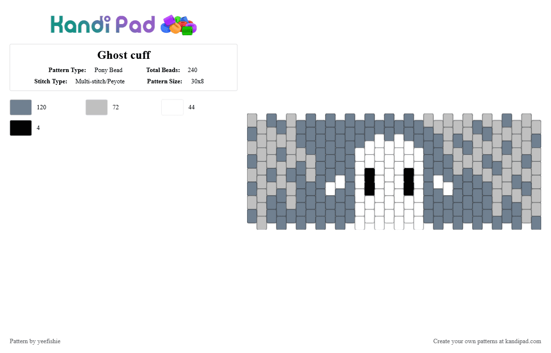 Ghost cuff - Pony Bead Pattern by yeefishie on Kandi Pad - gray,beige,ghost,cuff,spooky,cobweb,undead,halloween,cute
