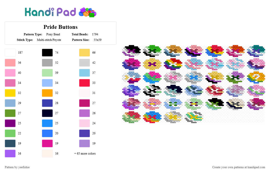 Pride Buttons - Pony Bead Pattern by yeefishie on Kandi Pad - beige,pink,light blue,yellow,pride,button,lgbtqia,lgbtq,lgbt,queer,rainbow,flag