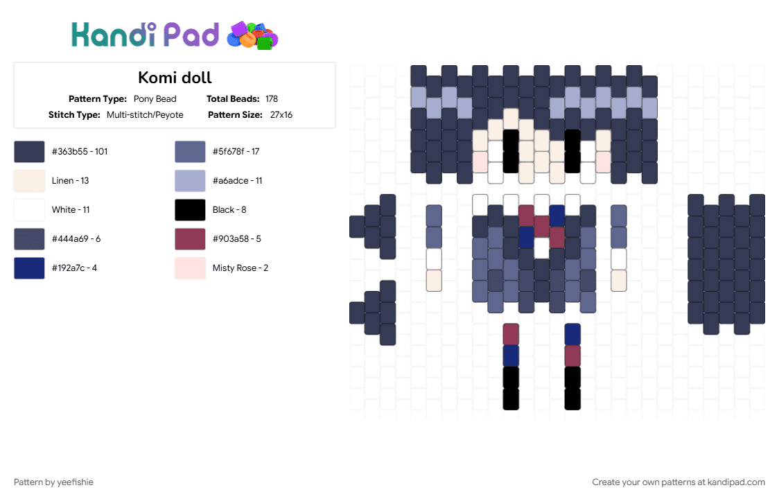 Komi doll - Pony Bead Pattern by yeefishie on Kandi Pad - anime, blue, doll, komi, komi cant communicate, manga, purple