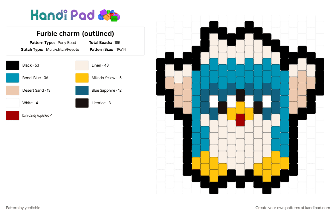 Furbie charm (outlined) - Pony Bead Pattern by yeefishie on Kandi Pad - charm, furbie, keyring, kidcore, light blue, peyote stitch, toy, weirdcore, yellow