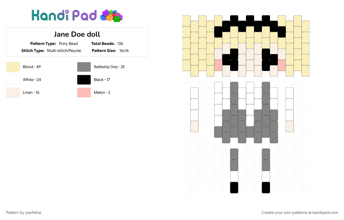Jane Doe doll - Pony Bead Pattern by yeefishie on Kandi Pad - doll, gray, jane doe, musical, ride the cyclone, rtc, the ballad of jane doe, the cyclone, theatre, yellow