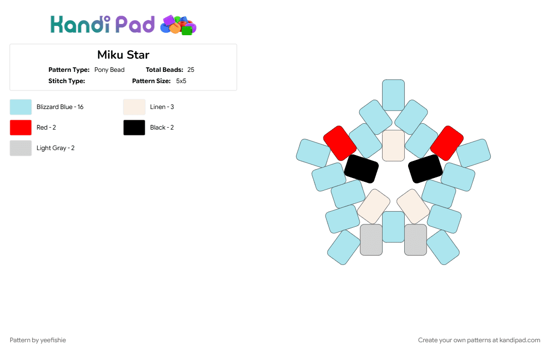 Miku Star - Pony Bead Pattern by yeefishie on Kandi Pad - blue, character, hatsune miku, light blue, miku, vocaloid