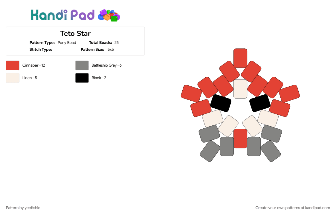 Teto Star - Pony Bead Pattern by yeefishie on Kandi Pad - character, gray, kasane teto, miku, red, star, teto, utau, vocaloid