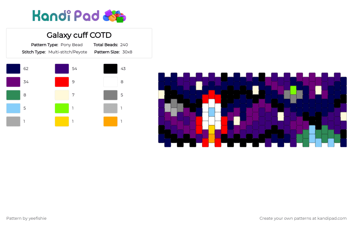 Galaxy cuff COTD - Pony Bead Pattern by yeefishie on Kandi Pad - purple,pink,cotdgalaxyprint,space,cuff,scifi,peyote,outer space,galaxy,stars