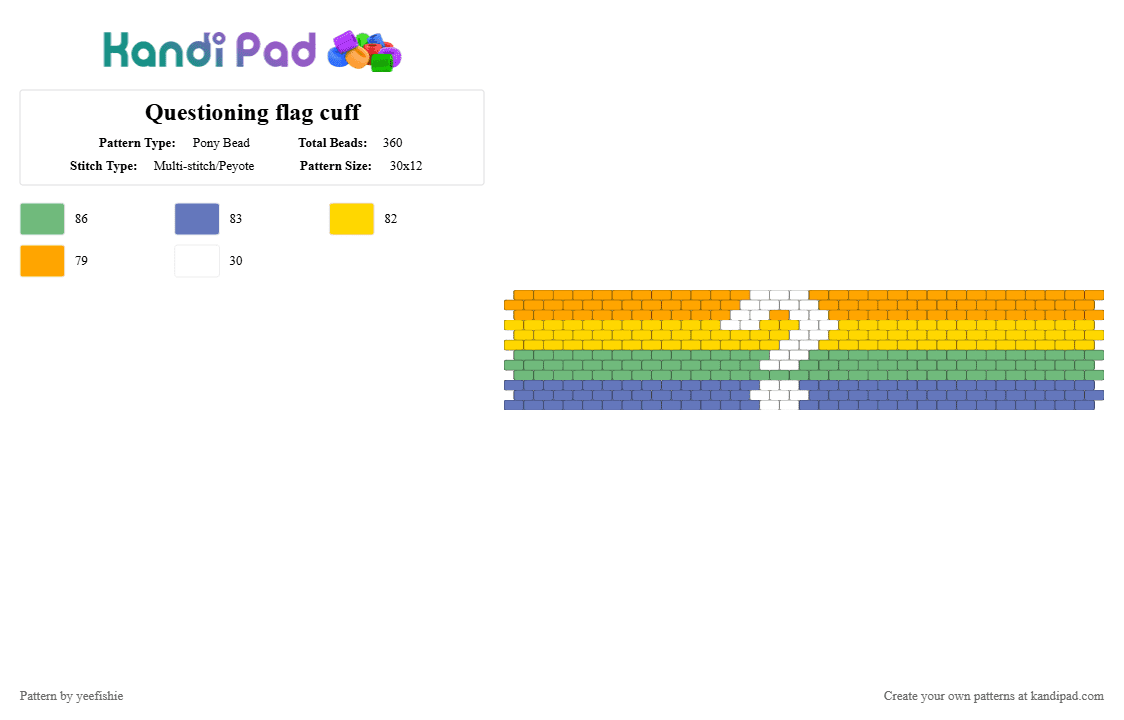 Questioning flag cuff - Pony Bead Pattern by yeefishie on Kandi Pad - green,blue,yellow,orange,flag,pride,questioning,lgbtqia,lgbt,cuff,queer,rainbow