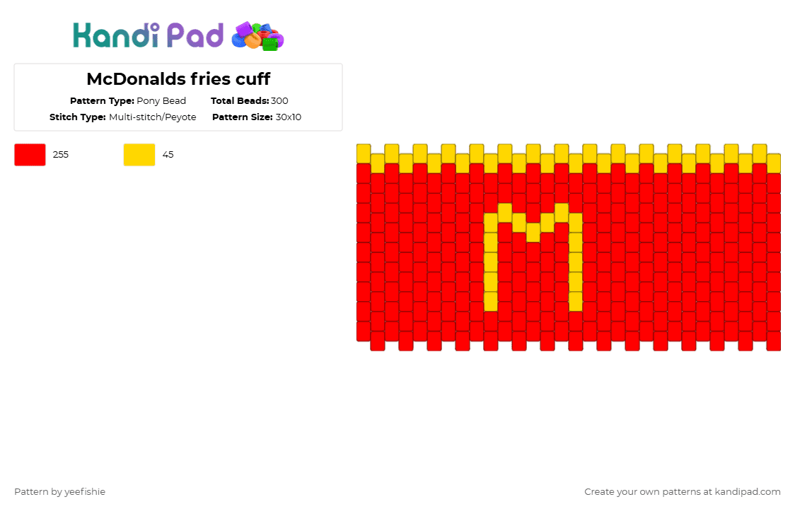 McDonalds fries cuff - Pony Bead Pattern by yeefishie on Kandi Pad - red,food,fries,mcdonalds,random