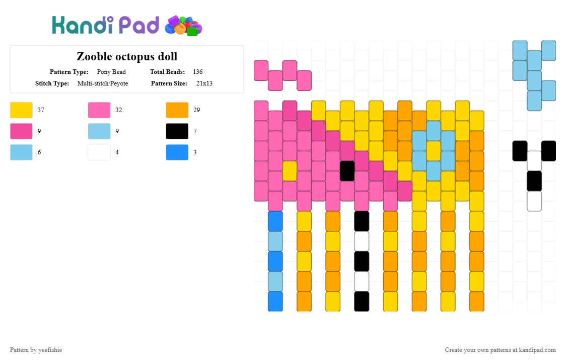 Zooble octopus doll - Pony Bead Pattern by yeefishie on Kandi Pad - pink,yellow,tadc,the amazing digital circus,zooble,doll,octopus,character,cartoon,glitch
