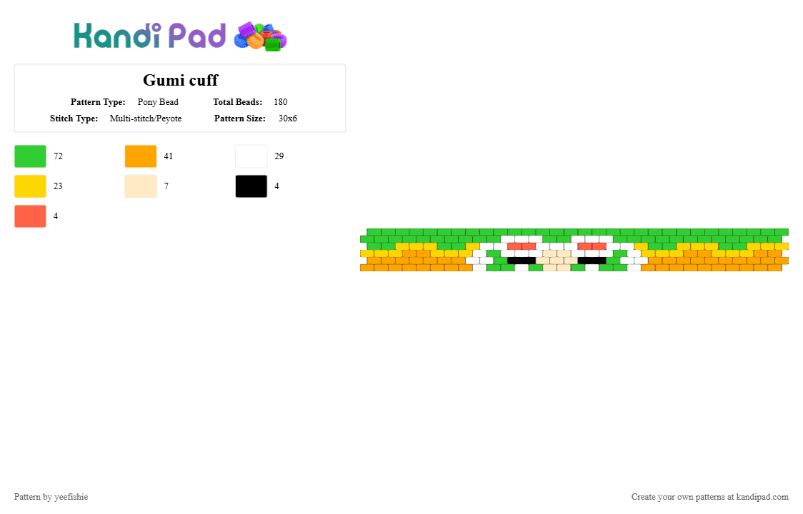 Gumi cuff - Pony Bead Pattern by yeefishie on Kandi Pad - green,orange,vocaloid,gumi,megpoid,gumi megpoid,miku,cuff,music