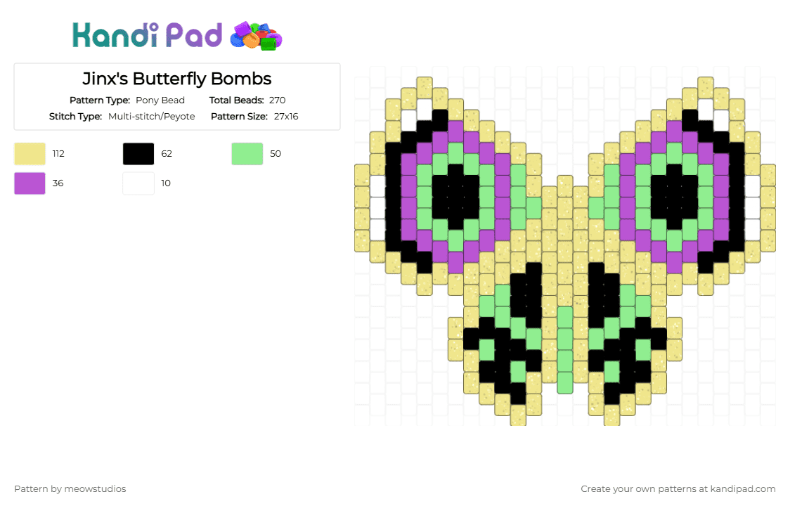 Jinx\'s Butterfly Bomb - Pony Bead Pattern by meowstudios on Kandi Pad - yellow,arcane,jinx,bomb,butterfly
