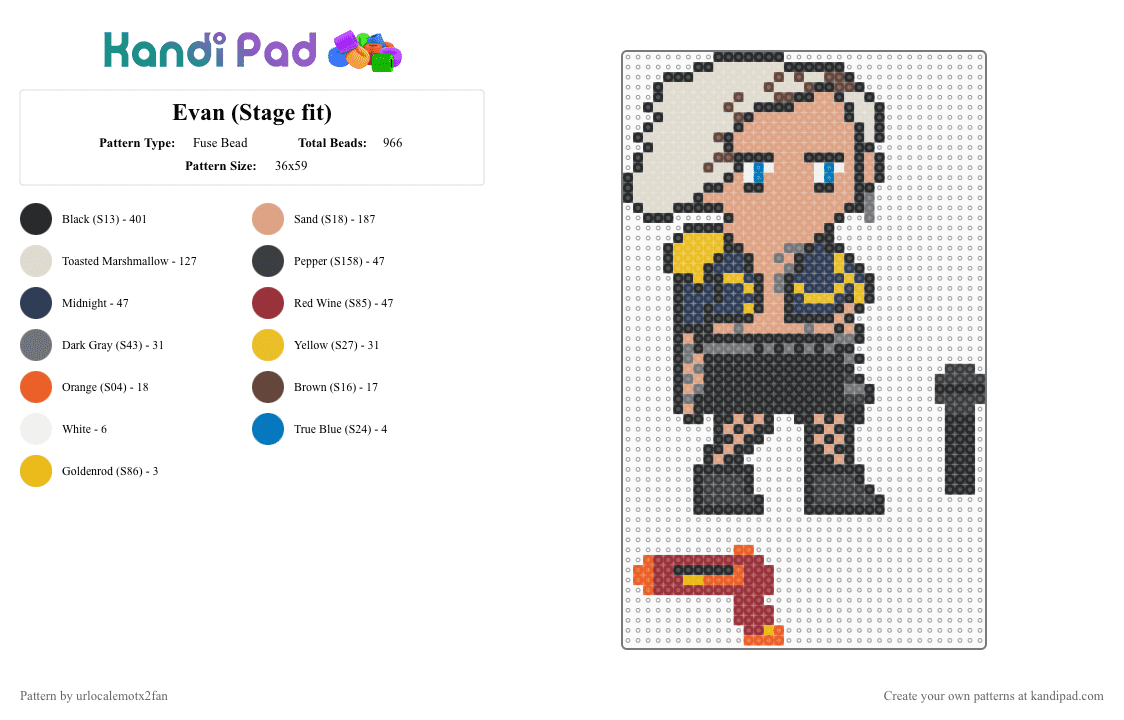 Evan (Stage fit) - Fuse Bead Pattern by urlocalemotx2fan on Kandi Pad - black,beige