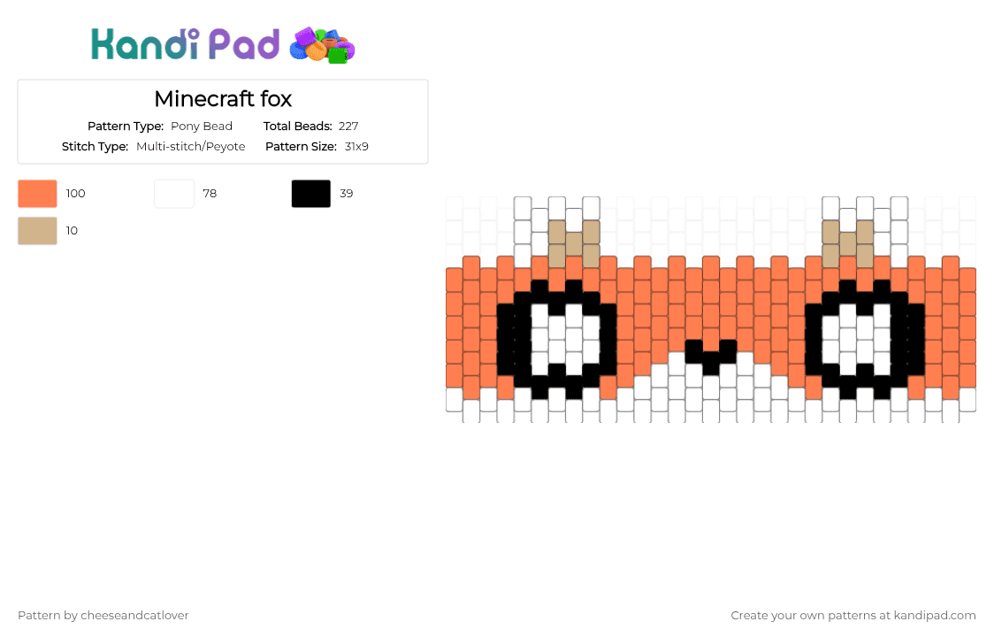 Minecraft fox - Pony Bead Pattern by cheeseandcatlover on Kandi Pad - animal, cotdforestcreatures, cuteanimal, fictional, fox, minecraft, minecraftfox, orange, videogame