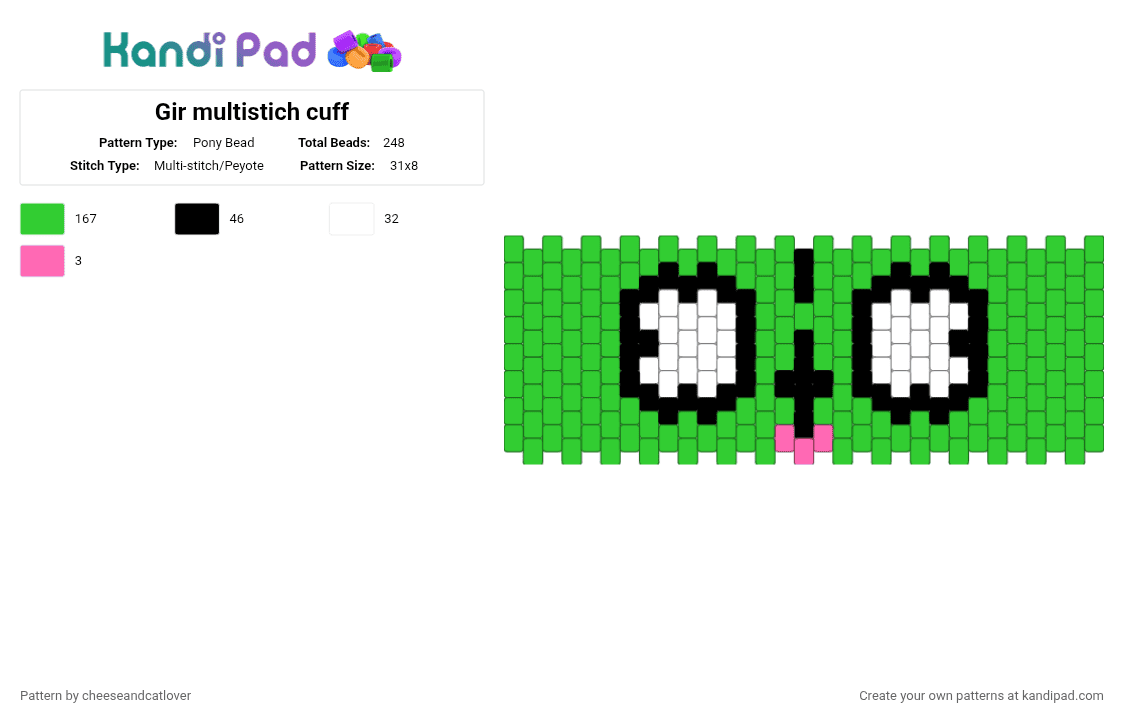 Gir multistich cuff - Pony Bead Pattern by cheeseandcatlover on Kandi Pad - green,invader zim,multistitch