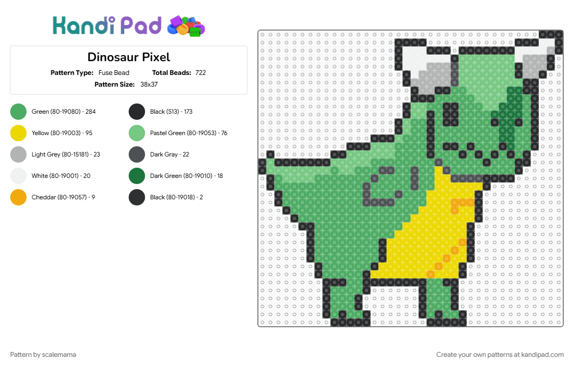 Dinosaur Pixel - Fuse Bead Pattern by scalemama on Kandi Pad - green, yellow
