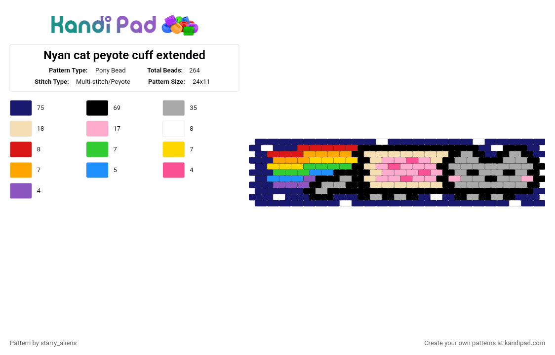 Nyan cat peyote cuff extended - Pony Bead Pattern by starry_aliens on Kandi Pad - beige, pink, purple