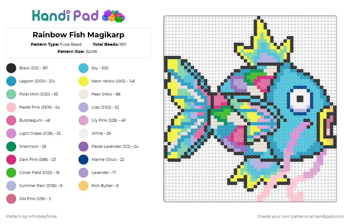 Rainbow Fish Magikarp - Fuse Bead Pattern by infinitelyfinite on Kandi Pad - pink,light blue,pokemon,magikarp,rainbow fish,fish,rainbow