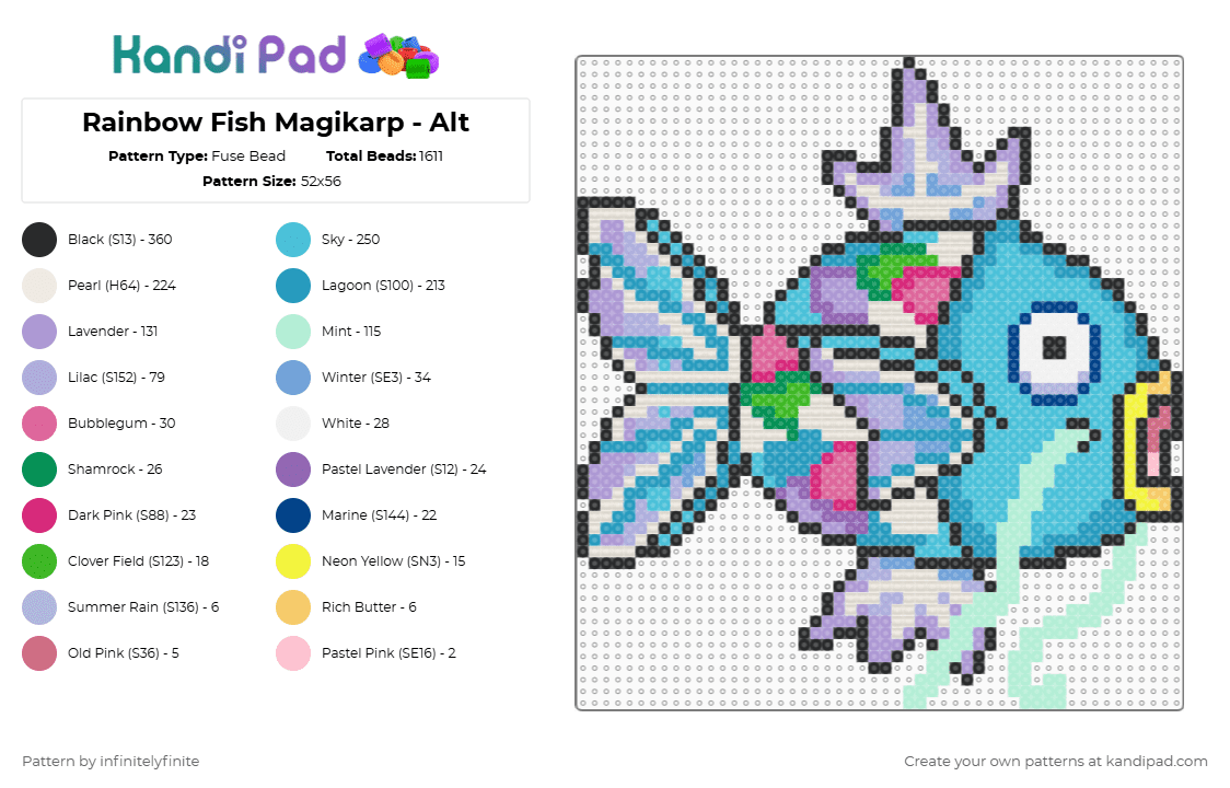 Rainbow Fish Magikarp - Alt - Fuse Bead Pattern by infinitelyfinite on Kandi Pad - light blue,pink,rainbow fish,fish,magikarp,pokemon