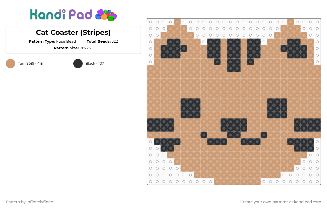 Cat Coaster (Stripes) - Fuse Bead Pattern by infinitelyfinite on Kandi Pad - beige, cat, coaster, kitten, kitty