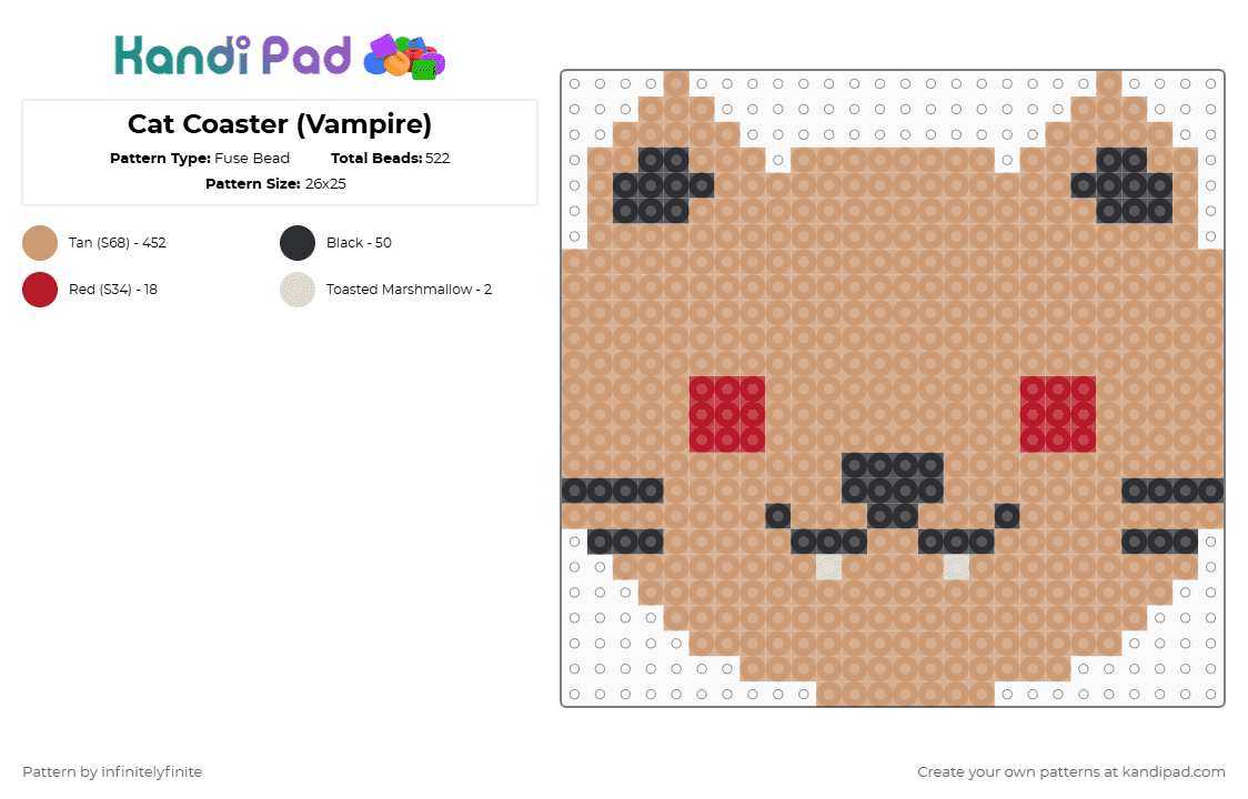 Cat Coaster (Vampire) - Fuse Bead Pattern by infinitelyfinite on Kandi Pad - beige, cat, coaster, kitten, kitty