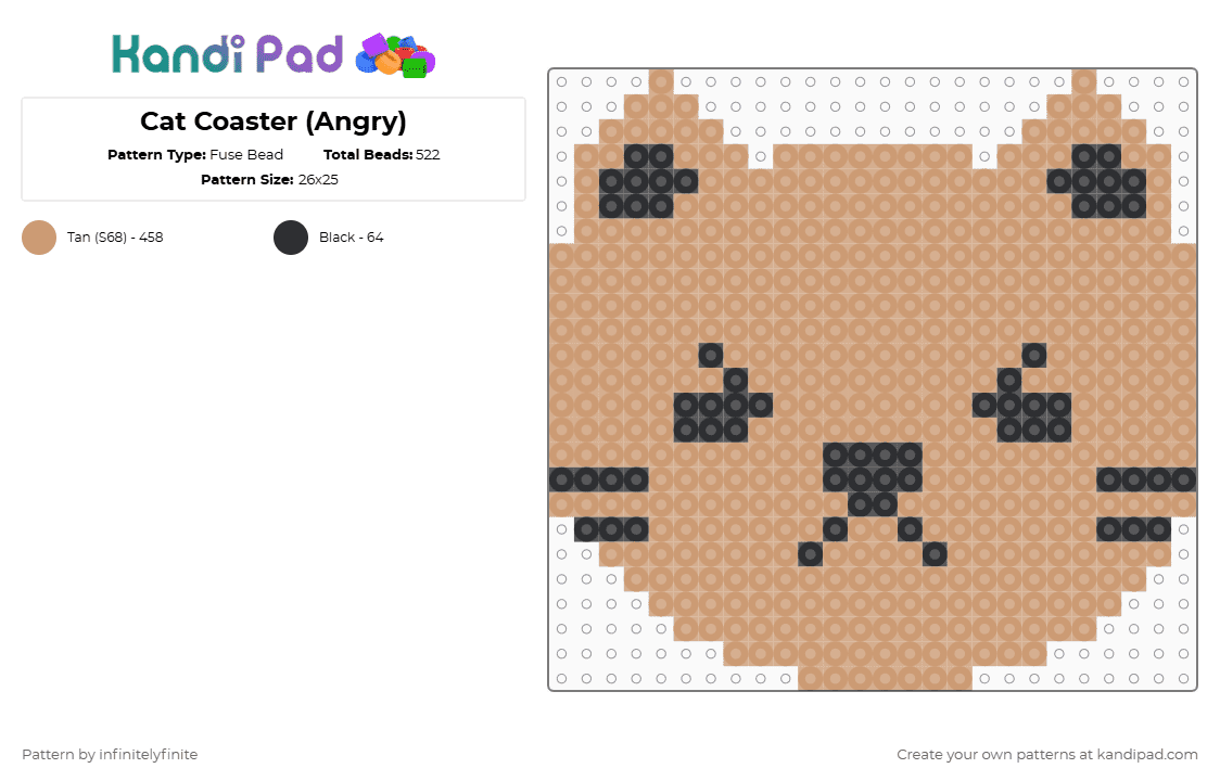 Cat Coaster (Angry) - Fuse Bead Pattern by infinitelyfinite on Kandi Pad - beige, cat, coaster, kitten, kitty