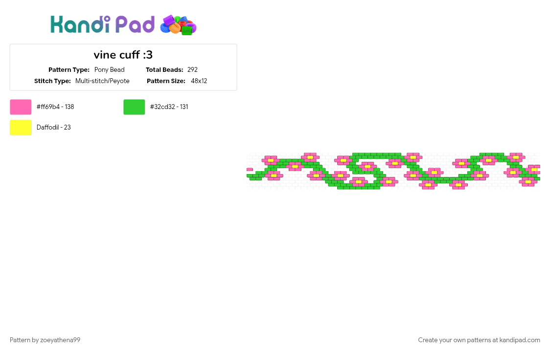 vine cuff :3 - Pony Bead Pattern by zoeyathena99 on Kandi Pad - green, pink