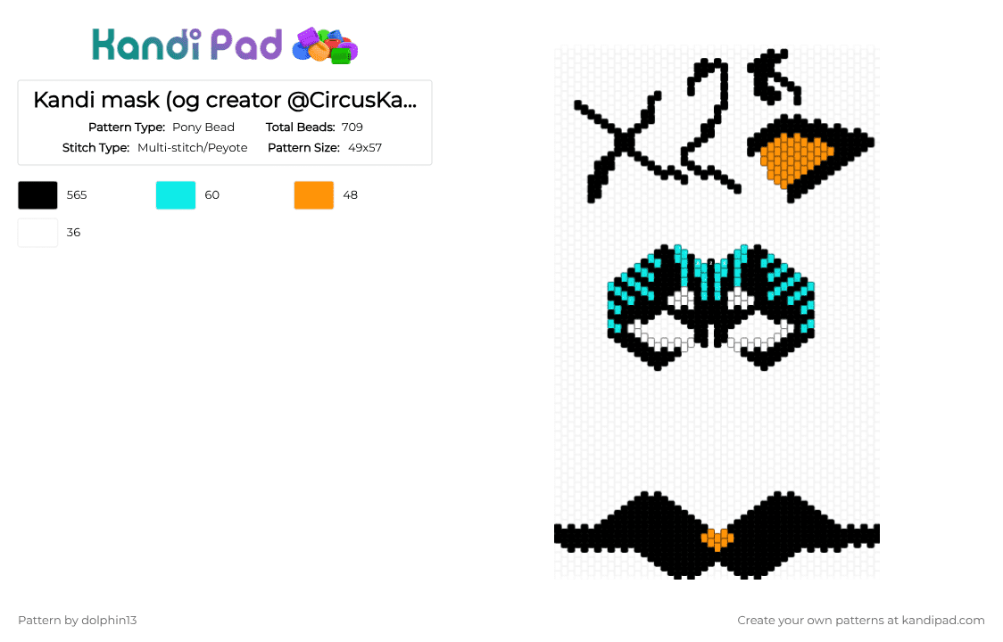 Kandi mask (og creator @CircusKandi on YT) - Pony Bead Pattern by dolphin13 on Kandi Pad - black,light blue,orange