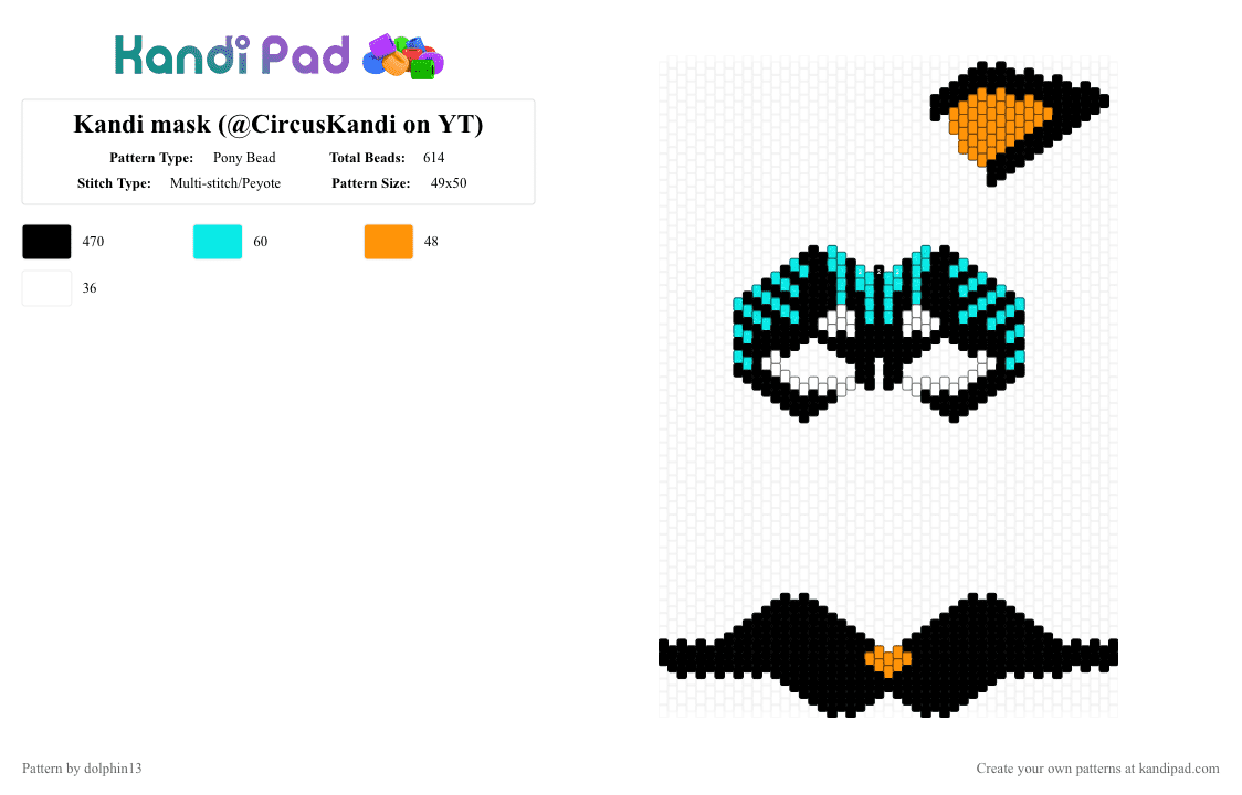 Kandi mask (@CircusKandi on YT) - Pony Bead Pattern by dolphin13 on Kandi Pad - black,light blue,orange