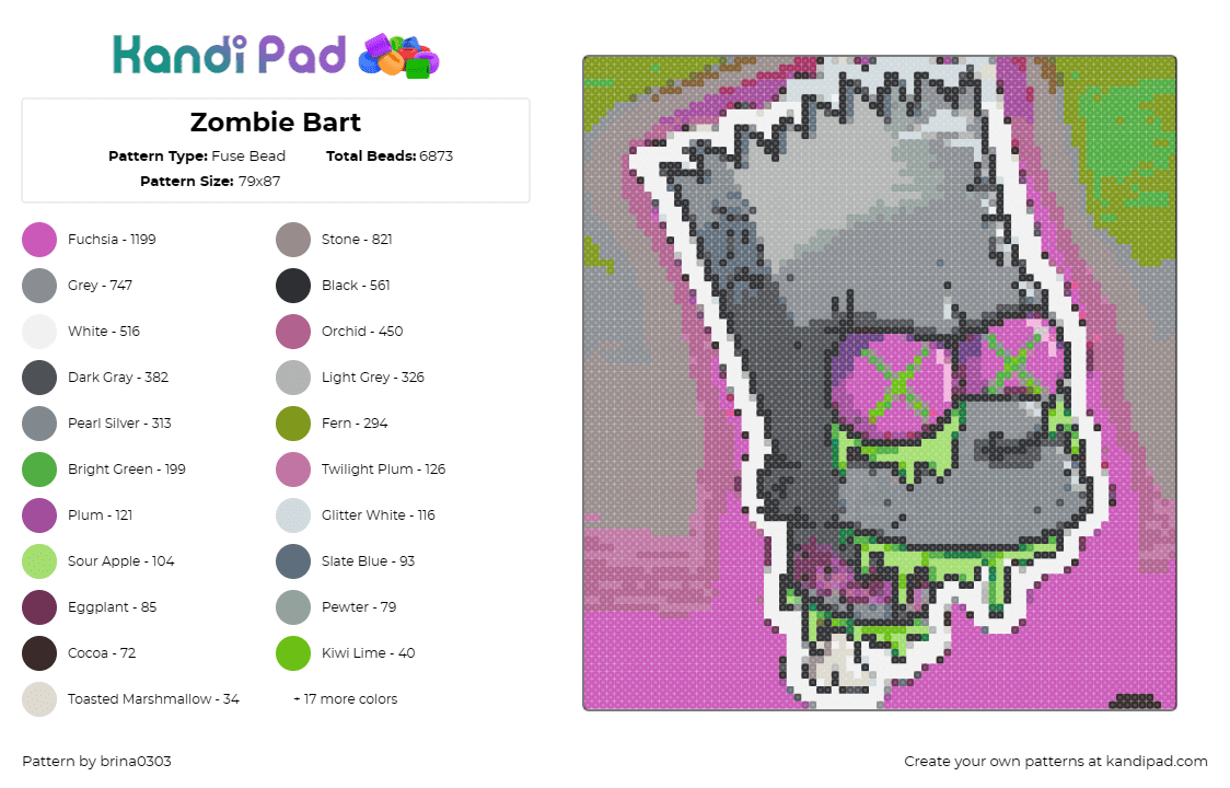 Zombie Bart - Fuse Bead Pattern by brina0303 on Kandi Pad - bart simpson,zombie,undead,character,spooky,halloween,horror,tv show,animation,g