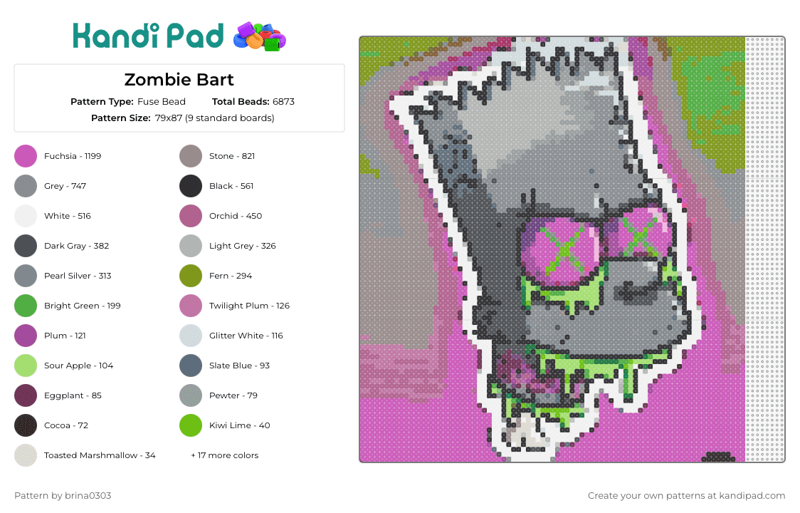 Zombie Bart - Fuse Bead Pattern by brina0303 on Kandi Pad - bart simpson,zombie,undead,character,spooky,halloween,horror,tv show,animation,gray,pink