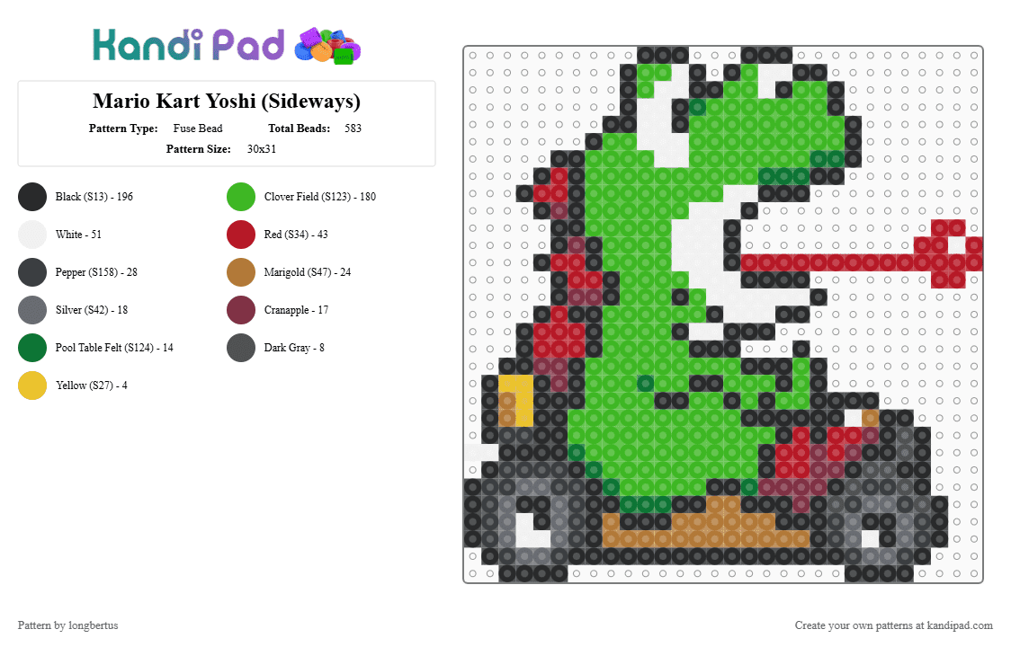 Mario Kart Yoshi (Sideways) - Fuse Bead Pattern by longbertus on Kandi Pad - green,gaming,fantasy,supermario,mariokart,yoshi