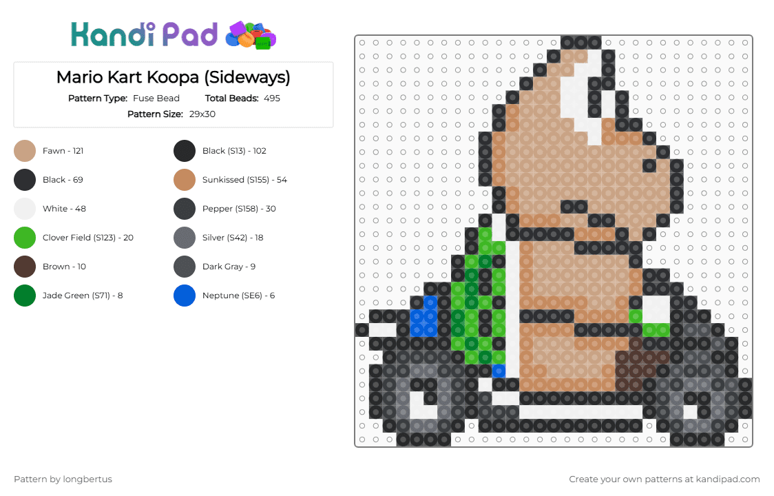 Mario Kart Koopa (Sideways) - Fuse Bead Pattern by longbertus on Kandi Pad - tan,beige,mariokart,gaming,fantasy,supermario,koopa,snes