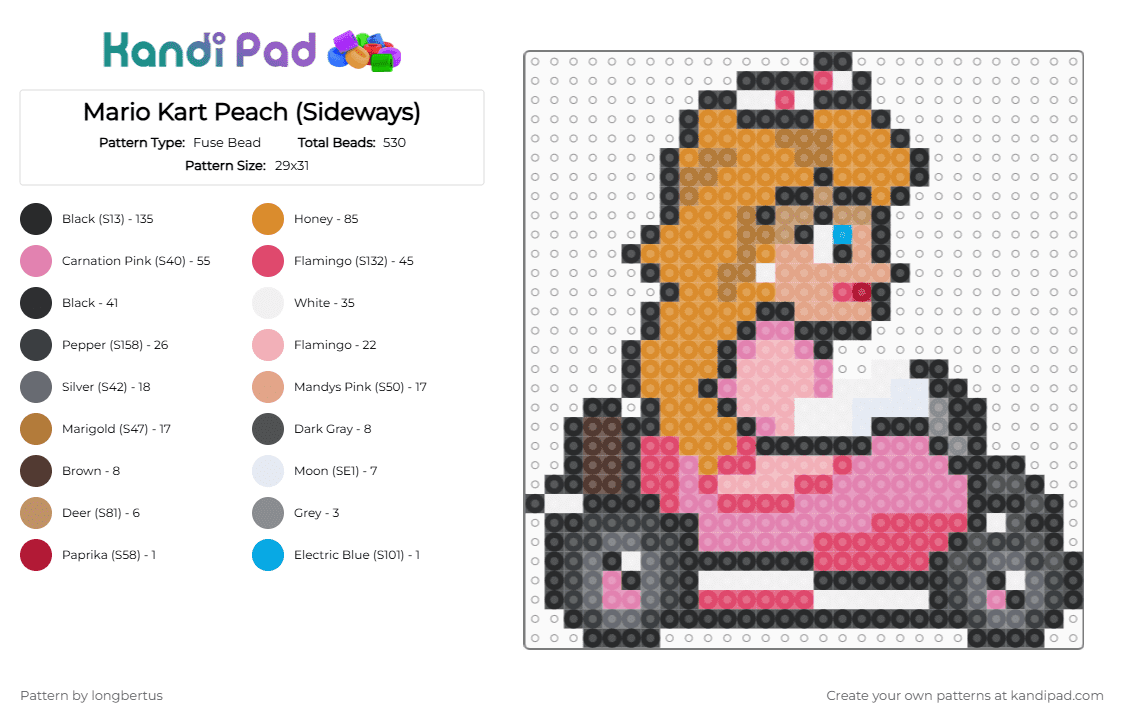 Mario Kart Peach (Sideways) - Fuse Bead Pattern by longbertus on Kandi Pad - pink,beige,red,orange,gaming,mariokart,fantasy,supermario,peach