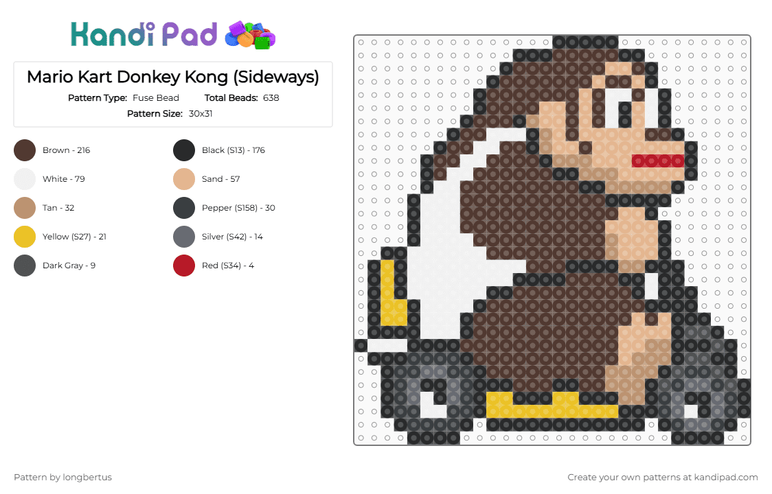 Mario Kart Donkey Kong (Sideways) - Fuse Bead Pattern by longbertus on Kandi Pad - beige, brown, donkeykong, fantasy, gaming, mariokart, supermario