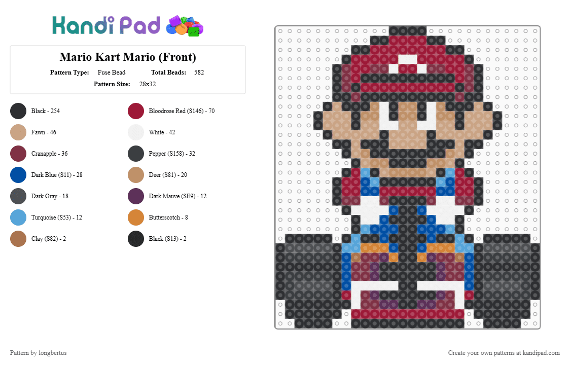 Mario Kart Mario (Front) - Fuse Bead Pattern by longbertus on Kandi Pad - black,red,blue,colorful,supermario,mariokart,fantasy,gaming,mario