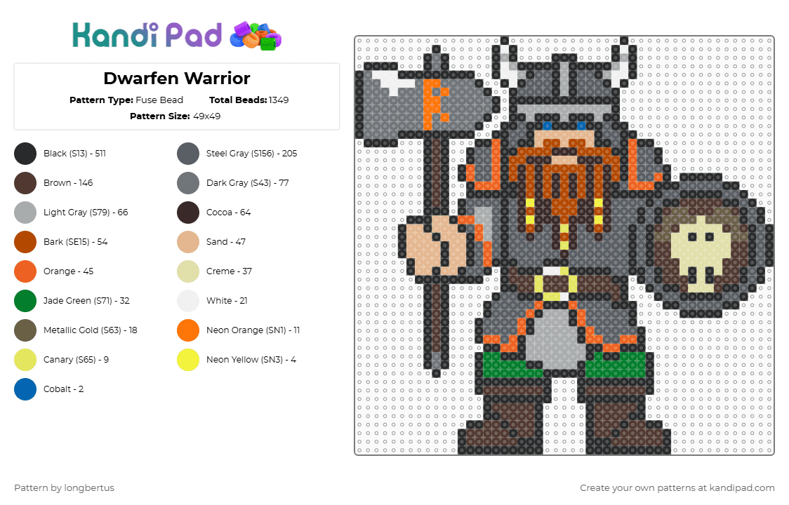 Dwarfen Warrior - Fuse Bead Pattern by longbertus on Kandi Pad - gray,brown,fantasy,dwarf,gaming,comic