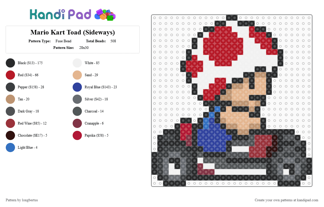 Mario Kart Toad (Sideways) - Fuse Bead Pattern by longbertus on Kandi Pad - gray,red,beige,gaming,fantasy,supermario,mariokart