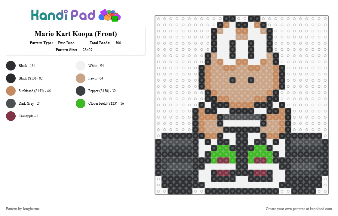 Mario Kart Koopa (Front) - Fuse Bead Pattern by longbertus on Kandi Pad - black,beige,tan,yoshi,supermario,mariokart,fantasy,gaming,snes