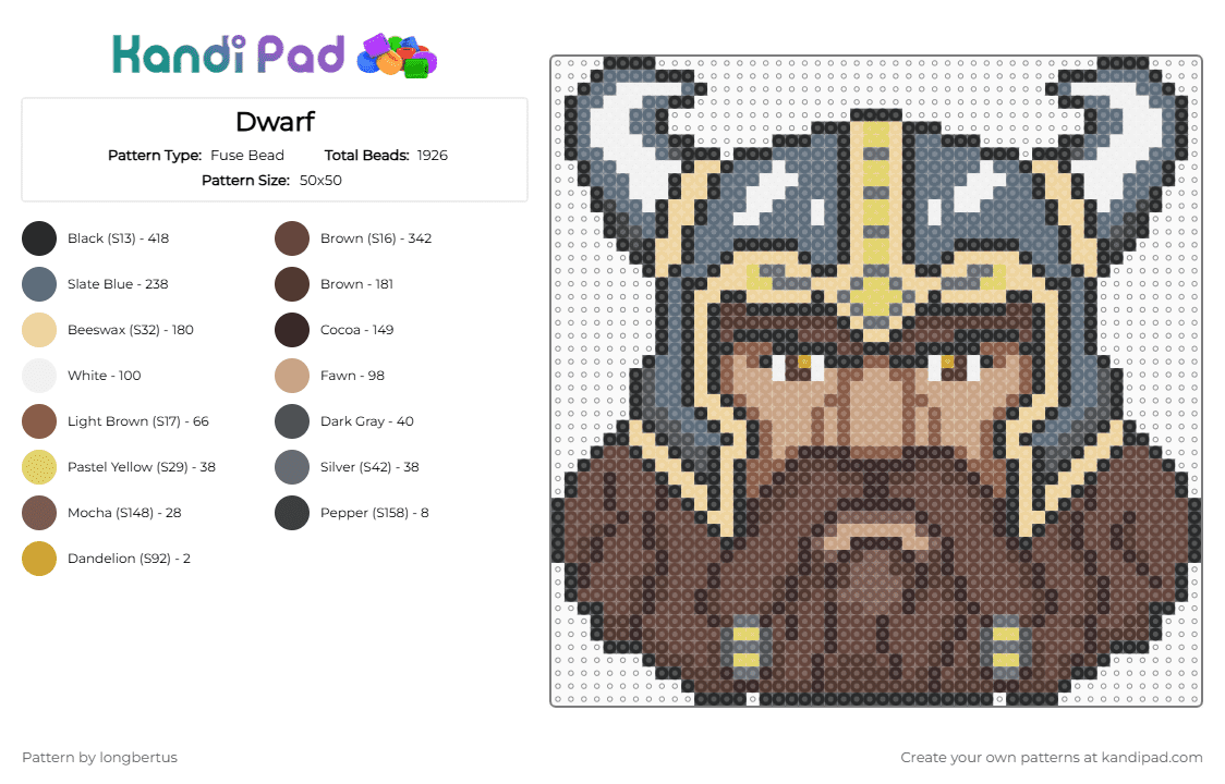 Dwarf - Fuse Bead Pattern by longbertus on Kandi Pad - brown,beige,gray,dwarf,warrior,fantasy,lordoftherings,middleearth